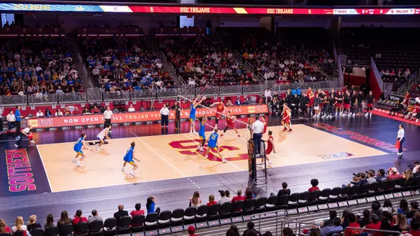 USC-UCLA men's volleyball on the court at Galen Center in 2025