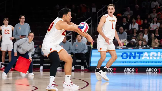 USC men's volleyball junior outside hitter Kahale Clini passed the ball during a match against Princeton at Galen Center