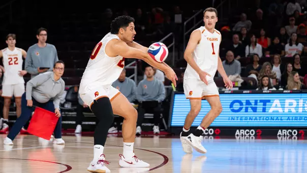 USC men's volleyball junior outside hitter Kahale Clini passed the ball during a match against Princeton at Galen Center