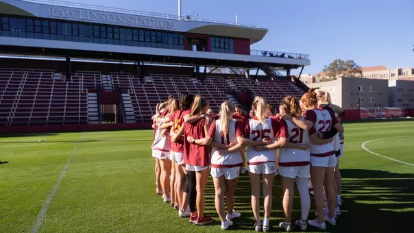 The USC women's lacrosse team huddles during its first practice at Rawlinson Stadium