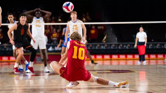 USC men's volleyball libero Johnny Dykstra passes the ball during a match against Fort Valley State at the Galen Center