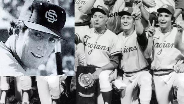 Keith Brown head shot and shot of him next to Rod Dedeaux with the 1978 CWS Trophy.