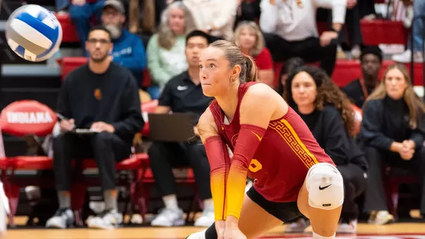 USC women's volleyball libero Taylor Deckert passes a ball in a match at Indiana