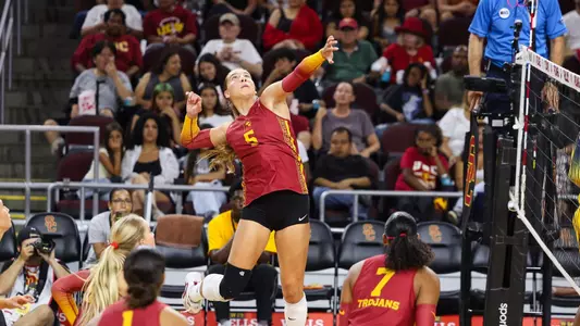 USC women's volleyball opposite hitter Abigail Mullen goes up to attack during a match against Michigan at Galen Center
