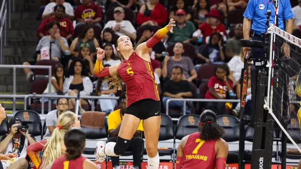 USC women's volleyball opposite hitter Abigail Mullen goes up to attack during a match against Michigan at Galen Center