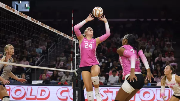 USC Women's Volleyball setter Milly McGee sets the ball during a match against Penn State at Galen Center