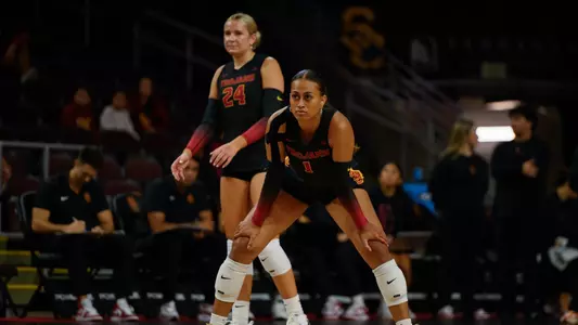 USC women's volleyball outside hitter Adonia Faumuina prepares to receive serve in a match against Ohio State at Galen Center.
