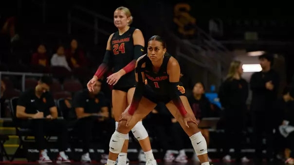 USC women's volleyball outside hitter Adonia Faumuina prepares to receive serve in a match against Ohio State at Galen Center.