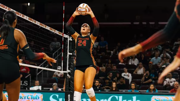 USC women's volleyball setter Milly McGee sets the ball during a match against Ohio State at Galen Center