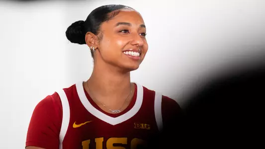 JuJu Watkins smiles while being asked a question