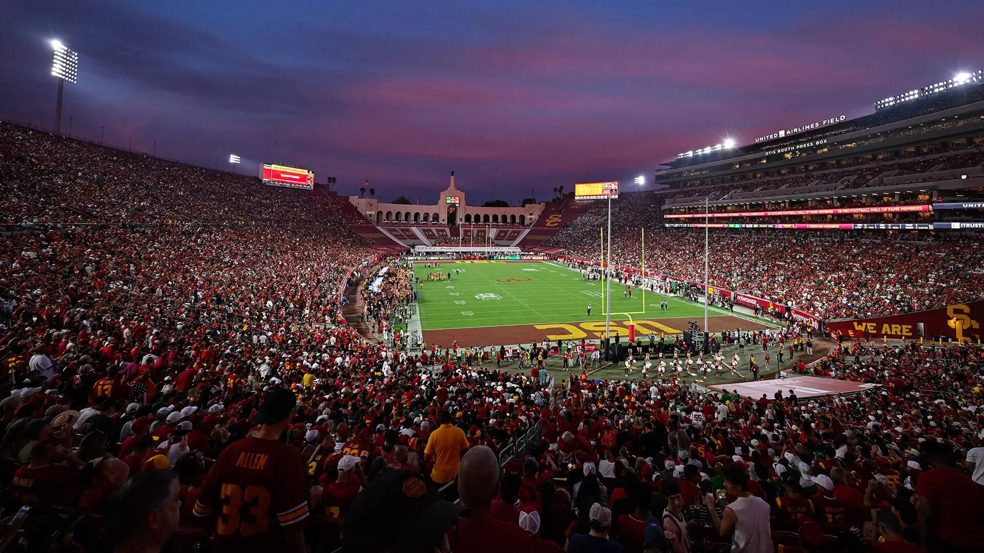 Sunset at Los Angeles Memorial Coliseum for a USC Trojans Football home game