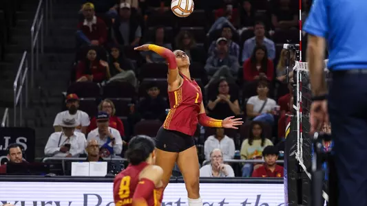 USC women's volleyball outside hitter Adonia Faumuina attacks the ball during a match at Galen Center