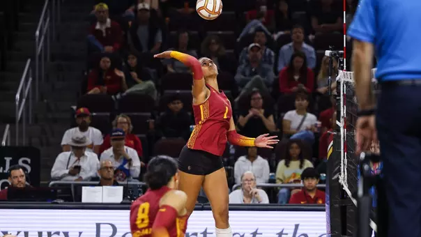 USC women's volleyball outside hitter Adonia Faumuina attacks the ball during a match at Galen Center
