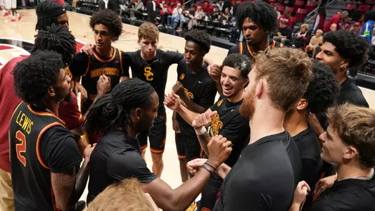 Aaron Hunkin-Claytor leads the USC men's basketball team's huddle