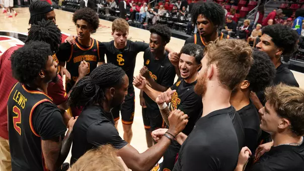 Aaron Hunkin-Claytor leads the USC men's basketball team's huddle