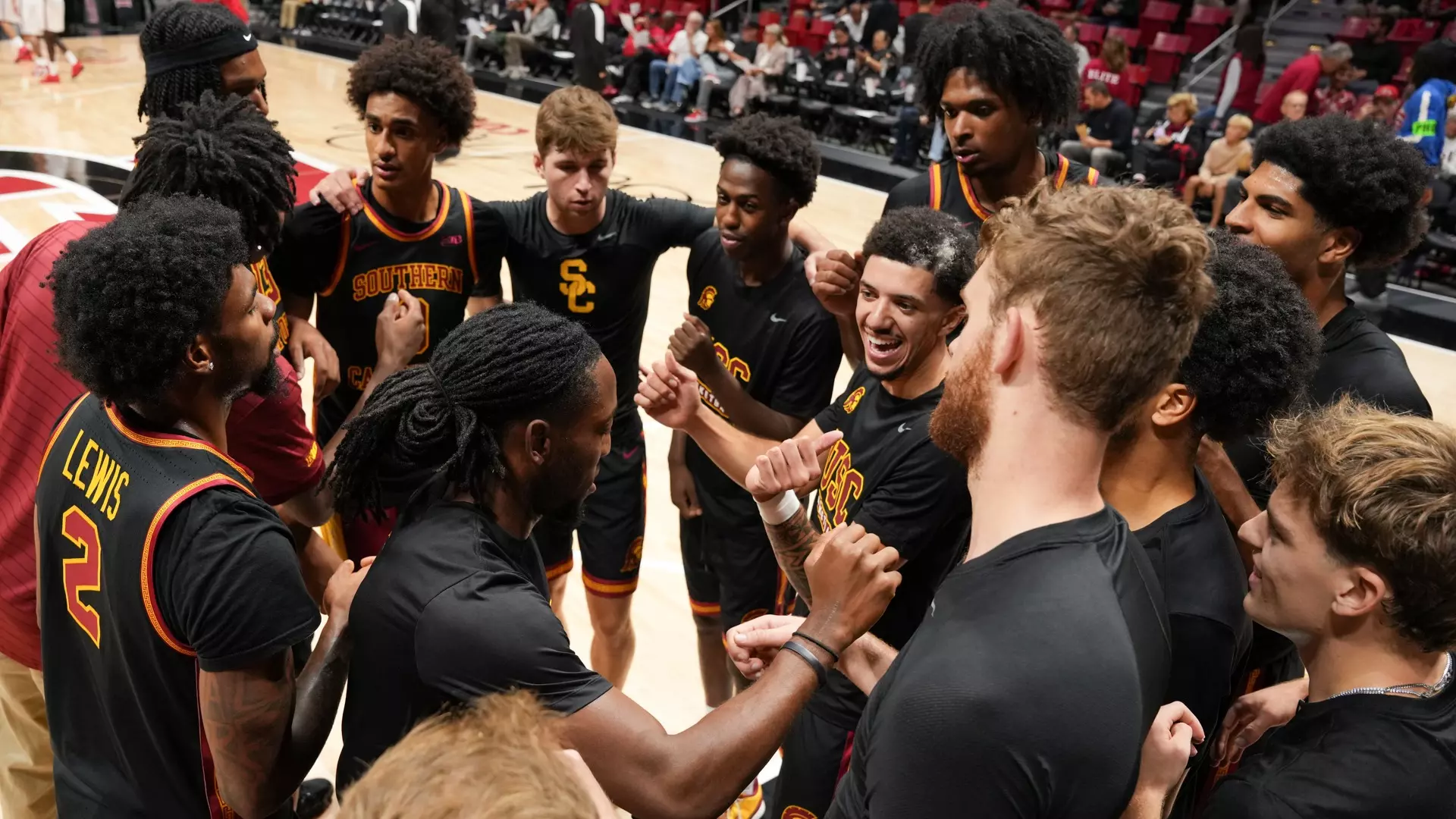 Aaron Hunkin-Claytor leads the USC men's basketball team's huddle