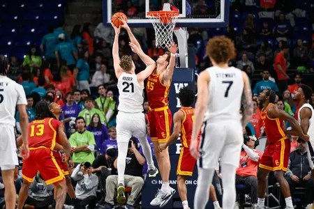 Gabe Dynes blocks a shot against Penn State
