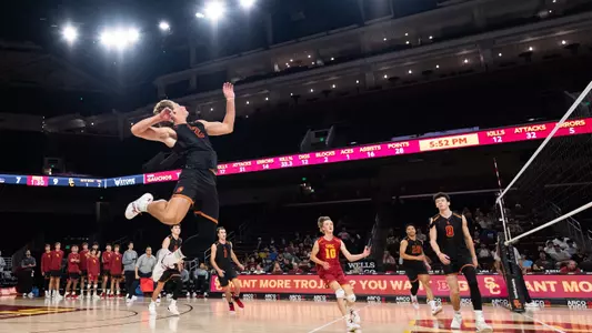 USC men's volleyball OPP Noah Roberts goes up to attack the ball during a match against UC Santa Barbara at Galen Center