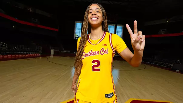 Saniyah Hall from USC puts up a victory sign