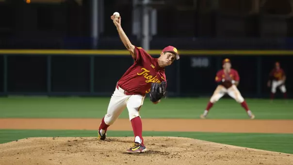 Grant Govel pitches against Pepperdine at Dedeaux Field.