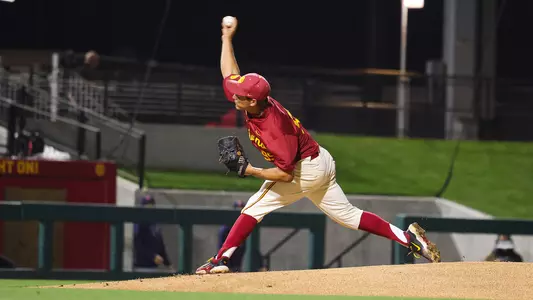 Grant Govel pitches against Pepperdine at Dedeaux Field.