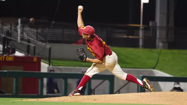 Grant Govel pitches against Pepperdine at Dedeaux Field.