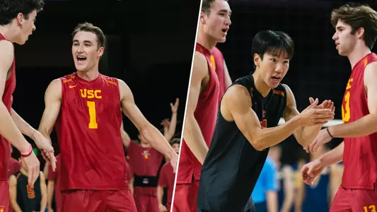Split graphic of Dillon Klein and Brad Pan celebrating during a volleyball match at Galen Center for the MPSF Player of the Week awards announcement on Feb. 16, 2026