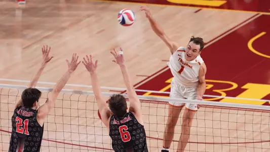 USC men's volleyball senior outside hitter Dillon Klein attacks during a match against Ohio State at Galen Center