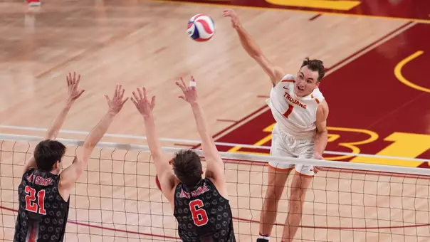 USC men's volleyball senior outside hitter Dillon Klein attacks during a match against Ohio State at Galen Center