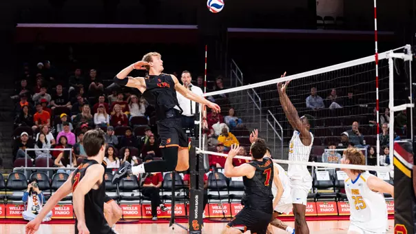 USC men's volleyball middle blocker Wesley Smith goes up to attack the ball during a match against Fort Valley State at Galen Center