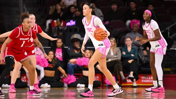 jazzy davidson dribbled ball wearing pink jersey