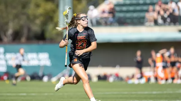 USC lacrosse sophomore attacker Kaylee Fravert transitions the ball in a game against Stanford at Laird Q. Cagan Stadium