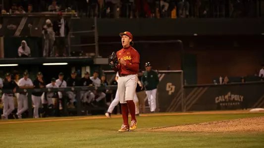 Mason Edwards celebrates after a strikeout at Cal Poly