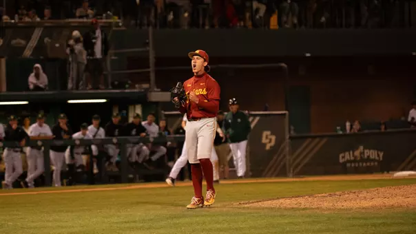 Mason Edwards celebrates after a strikeout at Cal Poly