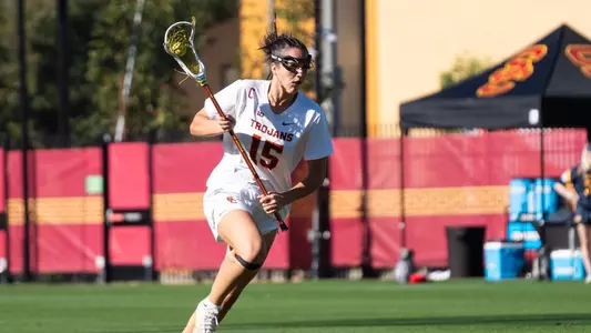 USC lacrosse midfielder Hannah Barron prepares to attack the goal during a game against California at Rawlinson Stadium