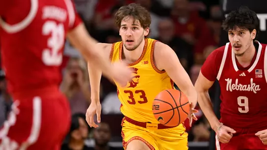 Jaden Brownell dribbles up the court against Nebraska