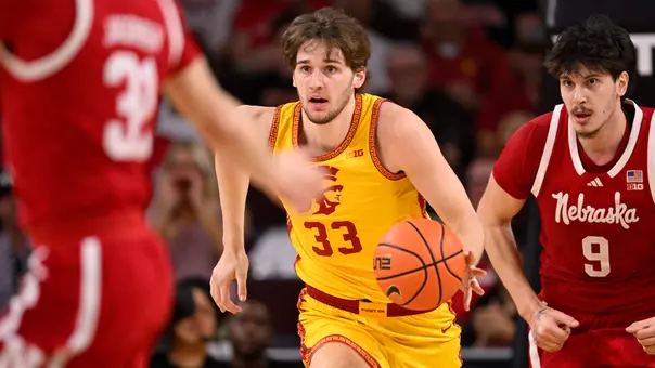 Jaden Brownell dribbles up the court against Nebraska