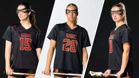 USC women's lacrosse players Hannah Barron, Emma Bunting, and Reese Robinson in a three-panel graphic