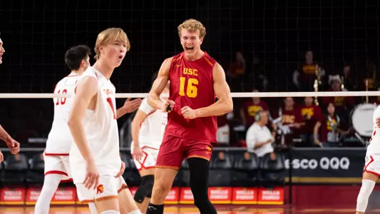 USC men's volleyball middle blocker Wesley Smith celebrates a big block in a match against CSUN at Galen Center