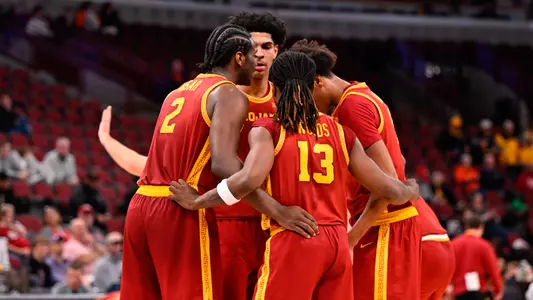 USC Men's Basketball huddles during the Big Ten Tournament against Washington