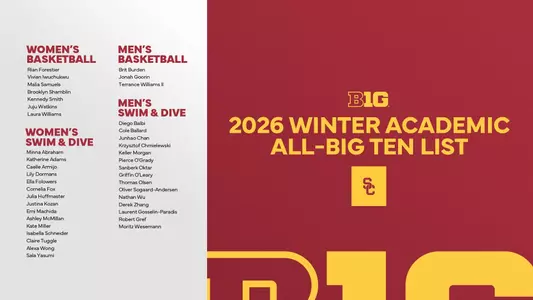 Graphic showcasing the names of USC's 2026 Winter Big Ten All-Academic Team honorees