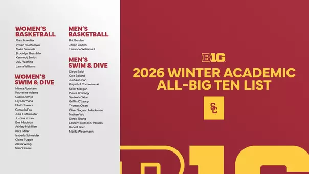 Graphic showcasing the names of USC's 2026 Winter Big Ten All-Academic Team honorees