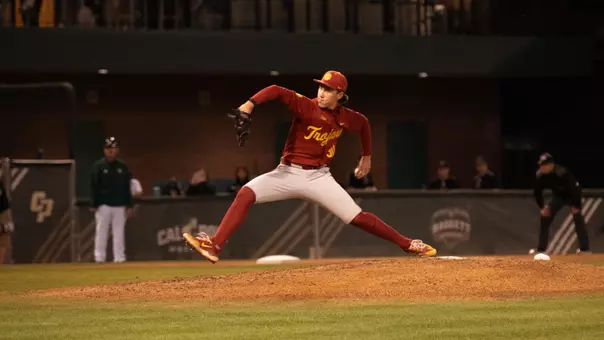 Mason Edwards pitches on the road against Cal Poly.