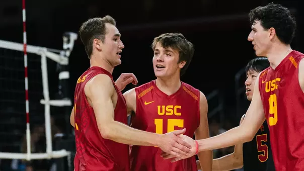 USC men's volleyball players Andrew Chapin and Dillon Klein celebrate a point during a match against UC Irvine at Galen Center