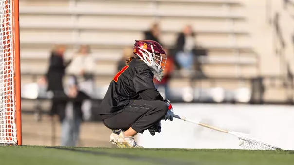 USC lacrosse goalie Annie Shields watches the Trojan offense during a game at Johns Hopkins' Homewood Field in Baltimore, Md.