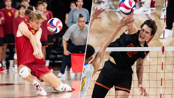Blended graphic of USC men's volleyball libero Johnny Dykstra and outside hitter Sterling Foley for the duo being named Molten/MPSF Defensive and Offensive Players of the Week on March 23, 2026