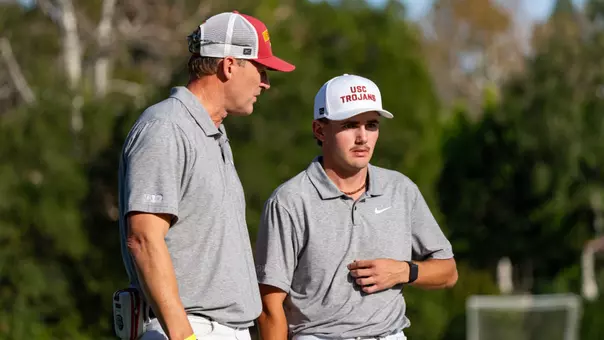 Head coach Mark Hankins and Jack Buchanan have a discussion during the 2026 Southwestern Invitational