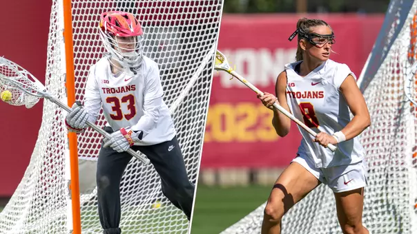 USC lacrosse sophomore goalie Ellie Thomas and junior attacker Reese Robinson in a split graphic for Big Ten Players of the Week announcement