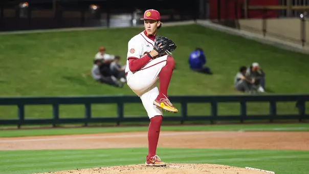 Mason Edwards pitching at Dedeaux Field.