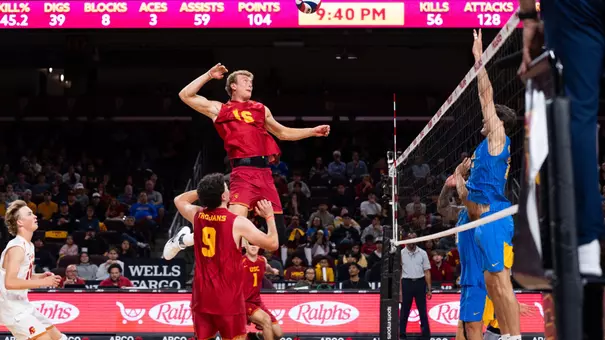 USC men's volleyball middle blocker Wesley Smith goes up to attack the ball during a match against UCLA at the Galen Center